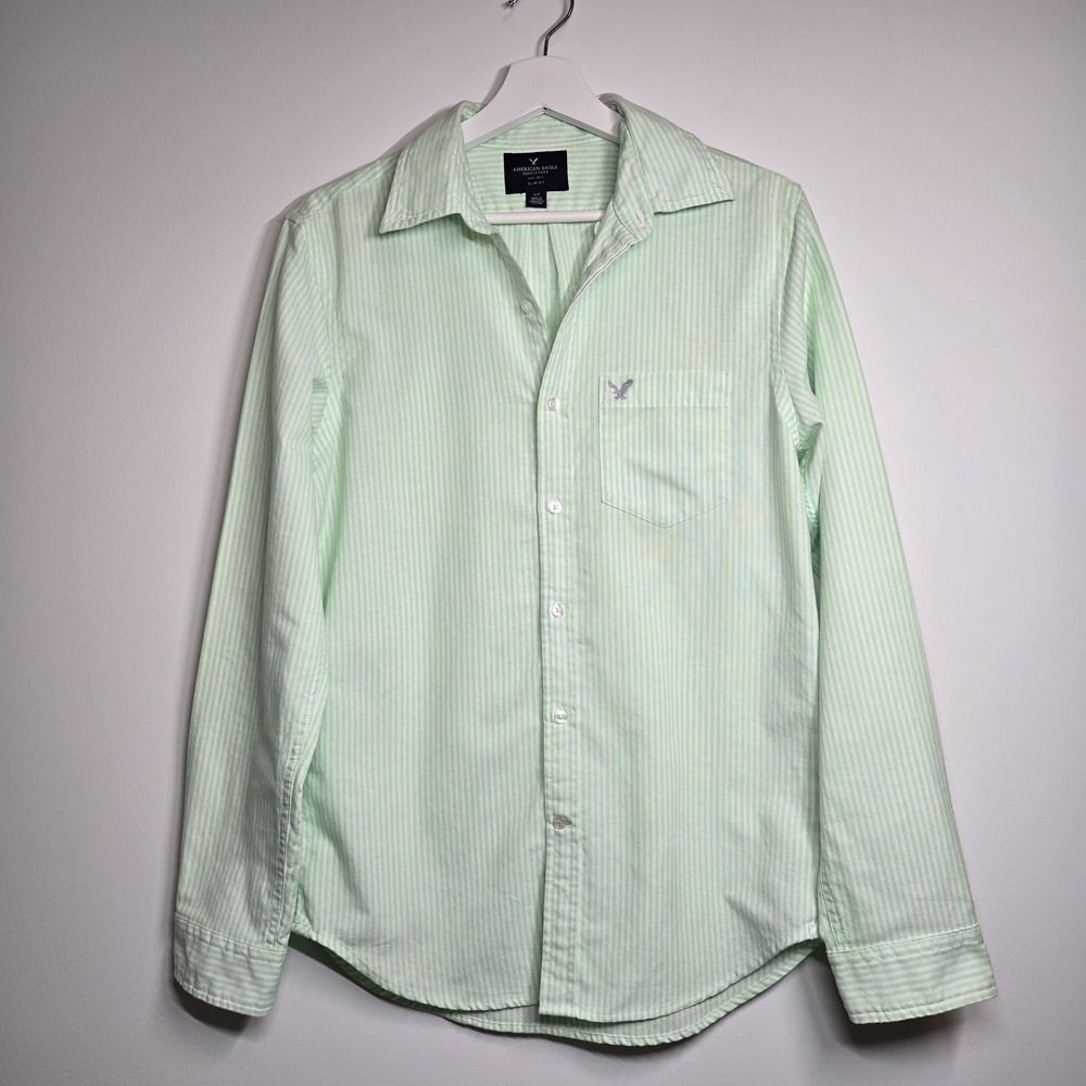 American Eagle Button Up Size S Striped Shirt Slim Fit Green And White